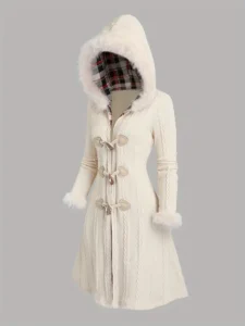 Women'S Y2K Style Plaid Knit Hooded Coat, 100% Polyester, Color Block, Long Length with Cow Horn Buttons, Fall/Winter Warm Knitwear