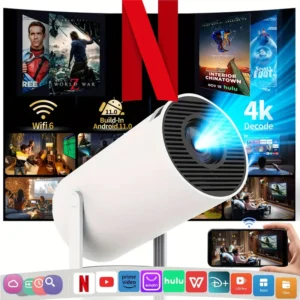 Olymmons HY300 Pro Mini Portable Projector, 4K/260ANSI LCD Home Theater with WiFi 6, BT 5.0, 180° Rotation, Table Mount, Remote Control, for Android 11.0 OS, 16:9 Aspect Ratio, 2500-2999 Lumens, US Plug