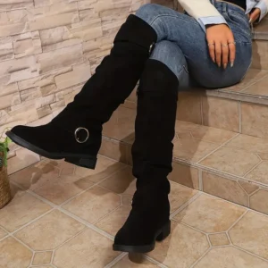 Women's Trendy Boots, Buckle Belt Pull On Chunky Heel High Knee Boots, Winter Round Toe Slouchy Boots