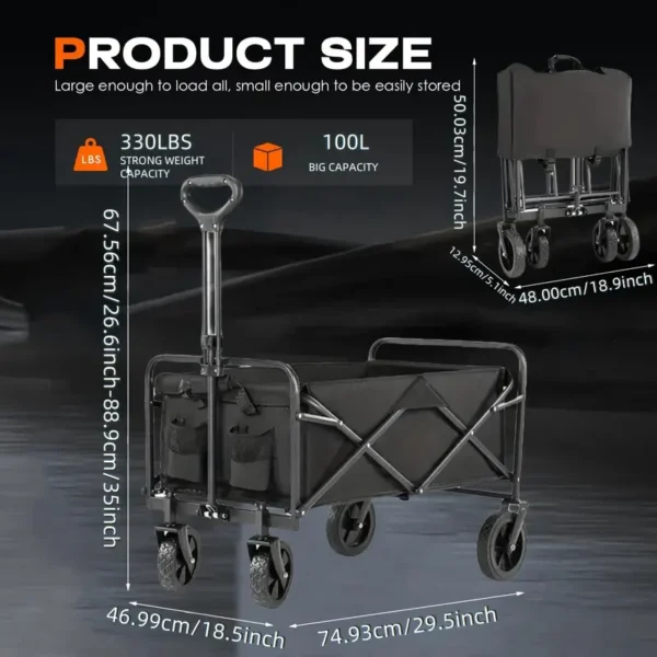 1pc 300LBS/330LBS/450LBS Folding Wagon Cart, Heavy Duty Utility Portable Foldable Outdoor Beach Garden Cart With 360°All Terrain Wheels, Side Pockets, Large Capacity Collapsible Wagon Equipment Carts For Camping, Sports, Lawn And Gardening.Shopping - Image 3