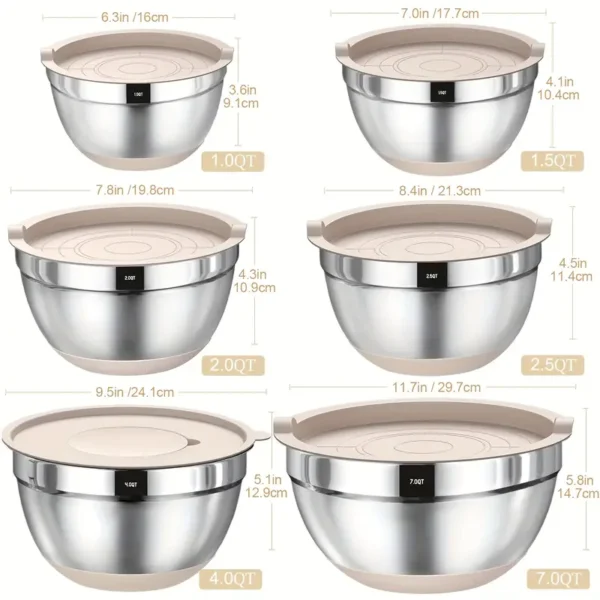 Mixing Bowls With Airtight Lids, 26Pcs Stainless Steel Bowls Set, 3 Grater Attachments & Black Non-Slip Bottoms Size 7, 4, 2.5, 2.0, 1.5, 1QT, Great For Mixing & Serving Salad Food - Image 2