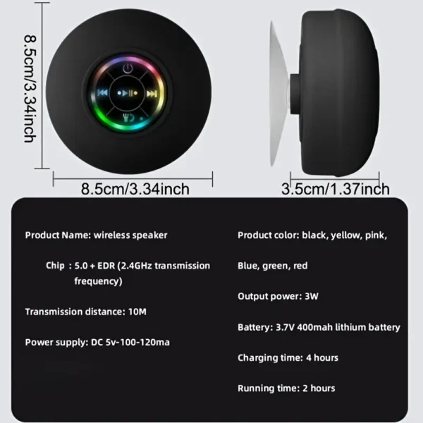 Portable Waterproof Wireless Speaker with Suction Cup - USB Rechargeable, 2-Hour Playtime, Ideal for Parties, Bathroom, Travel & Outdoor Use - Image 3