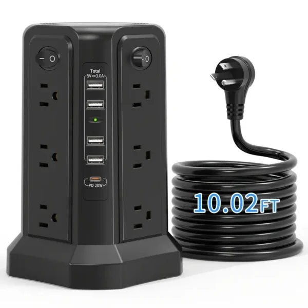 Ew Product Upgrade PASSUS Tower Surge Protector Power Strip PD18W/20W. 10.2FT Extension Cord With 12 AC Outlets 5 USB Charging Ports Surge Protection For Home Office DormRoom