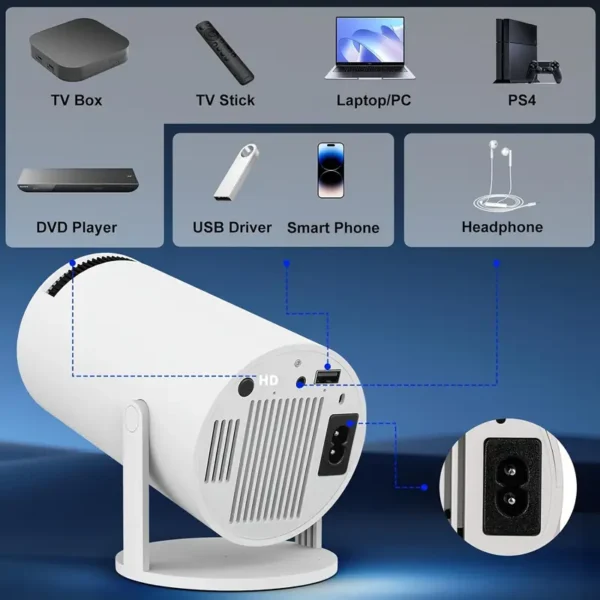 Olymmons HY300 Pro Mini Portable Projector, 4K/260ANSI LCD Home Theater with WiFi 6, BT 5.0, 180° Rotation, Table Mount, Remote Control, for Android 11.0 OS, 16:9 Aspect Ratio, 2500-2999 Lumens, US Plug - Image 2