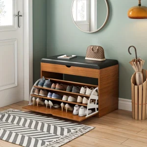 Wood Shoe Bench with Cushioned Seat, Three-Tier Footwear Rack, and Storage Cabinet - Ideal for Bedroom or Entryway, Multi-Compartment Design, Shoes Organizer Storage